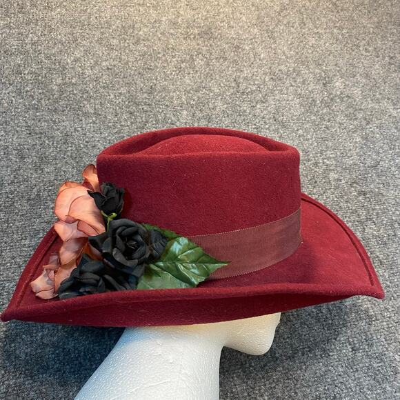 Sonni Bordeaux Lancaster Red Wool Wide Brim Bolero Hat Floral Leaf Accents Wire main image 7